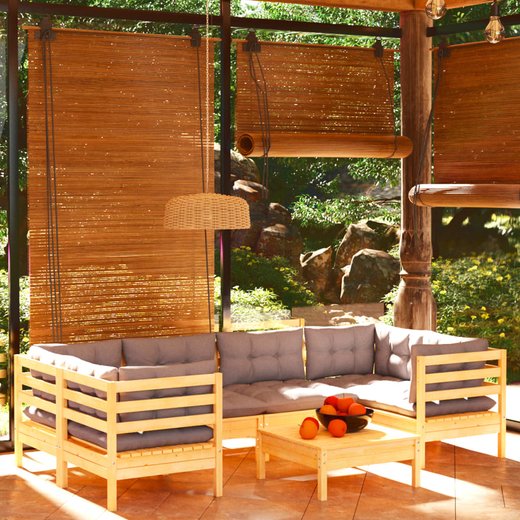 7-tlg. Garten-Lounge-Set mit Grauen Kissen Kiefernholz