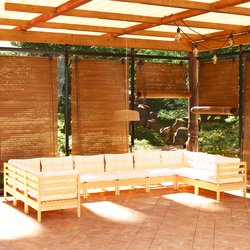 10-tlg. Garten-Lounge-Set mit Creme Kissen Kiefernholz