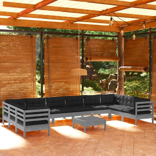 11-tlg. Garten-Lounge-Set mit Kissen Grau Kiefernholz