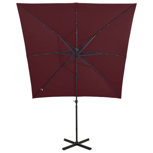 Ampelschirm mit Mast und LED-Leuchten Bordeauxrot 250 cm