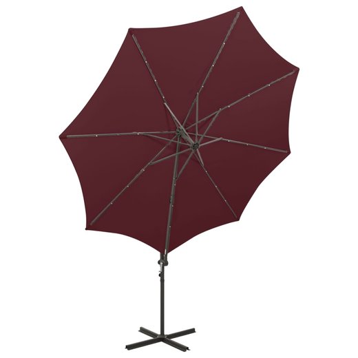 Ampelschirm mit Mast und LED-Leuchten Bordeauxrot 300 cm