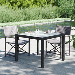 Gartentisch 90x90x75 cm Gehrtetes Glas Poly Rattan Schwarz