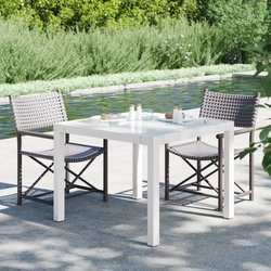 Gartentisch 90x90x75 cm Gehrtetes Glas Poly Rattan Wei