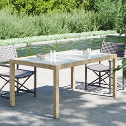 Gartentisch 150x90x75 cm Gehrtetes Glas Poly Rattan Beige