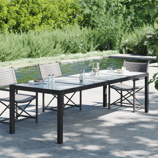 Gartentisch Schwarz 250x100x75 cm Gehrtetes Glas Poly Rattan