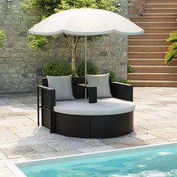 Gartenbett mit Sonnenschirm Schwarz Poly Rattan