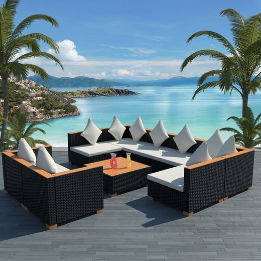 9-tlg. Garten-Lounge-Set mit Auflagen Poly Rattan Schwarz