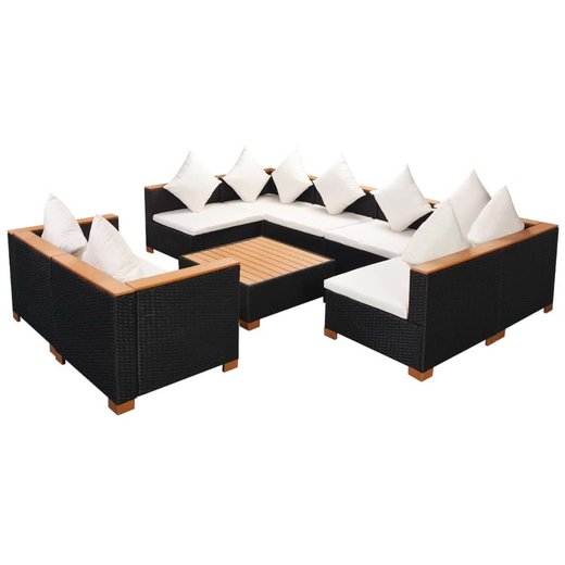 9-tlg. Garten-Lounge-Set mit Auflagen Poly Rattan Schwarz