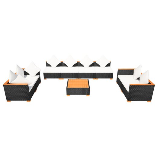 9-tlg. Garten-Lounge-Set mit Auflagen Poly Rattan Schwarz