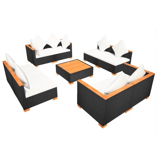 9-tlg. Garten-Lounge-Set mit Auflagen Poly Rattan Schwarz