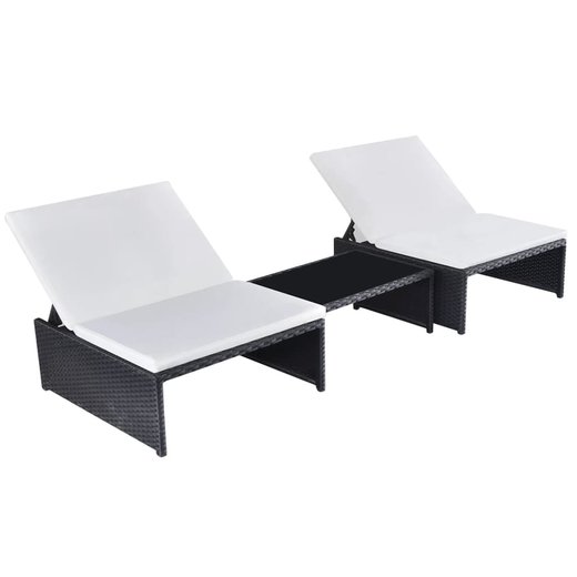 Sonnenliegen 2 Stk. mit Tisch Poly Rattan Schwarz