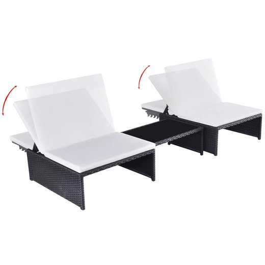 Sonnenliegen 2 Stk. mit Tisch Poly Rattan Schwarz