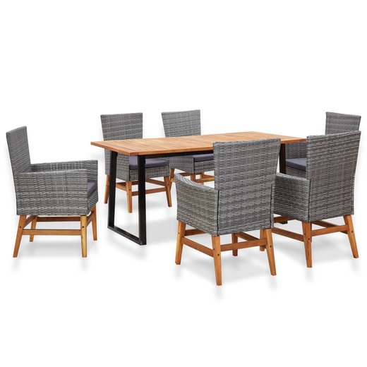 7-tlg. Garten-Essgruppe Poly Rattan Akazienholz Grau