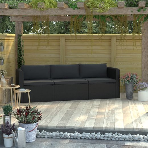 3-tlg. Garten-Sofagarnitur mit Auflagen Poly Rattan Schwarz