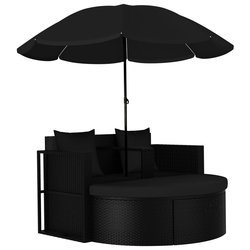 Gartenbett mit Sonnenschirm Poly Rattan Schwarz