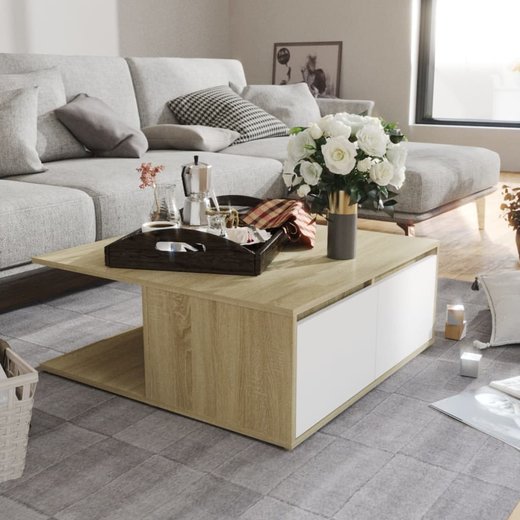 Couchtisch Wei und Sonoma-Eiche 80x80x31 cm Spanplatte