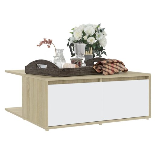 Couchtisch Wei und Sonoma-Eiche 80x80x31 cm Spanplatte