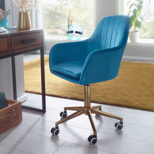 Schreibtischstuhl Samt Blau | Design Drehstuhl mit Lehne | Arbeitsstuhl 120 kg Hhenverstellbar | Schalenstuhl mit Rollen | Stuhl Drehbar