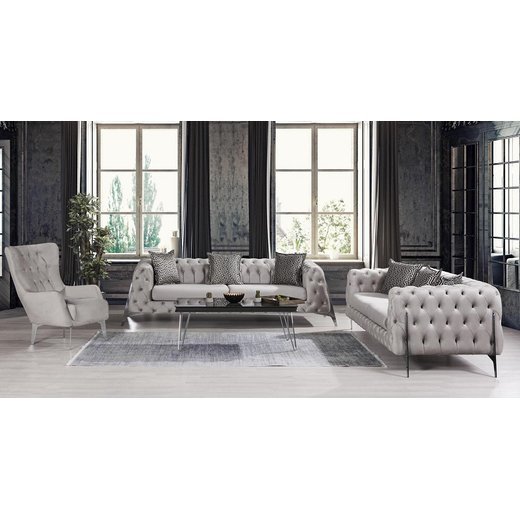Perla Sofa Set 3`er + 3`er + 2X Sessel 1108 - Grau Silber