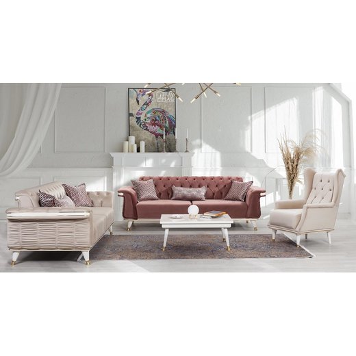Esse Sofa Set 3`er + 2`er + Sessel 1100 - Beige Weiß-Gold