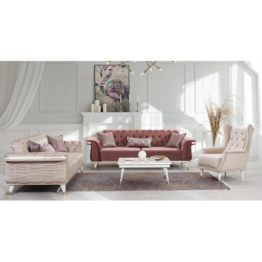 Esse Sofa Set 3`er + 2`er + Sessel 1134 - Hellbraun Schwarz-Gold