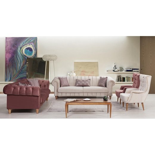 Rustik Sofa Set 3`er + 3`er + 2X Sessel 1121 - S.Beige Weiß  geknöpft