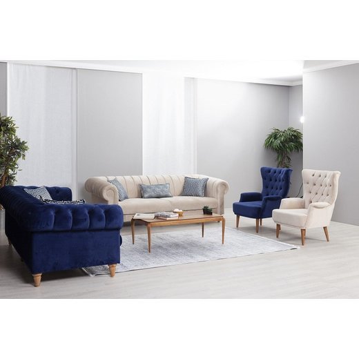 Rustik Sofa Set 3`er + 3`er + 2X Sessel 1109 - Blau Weiß  geknöpft