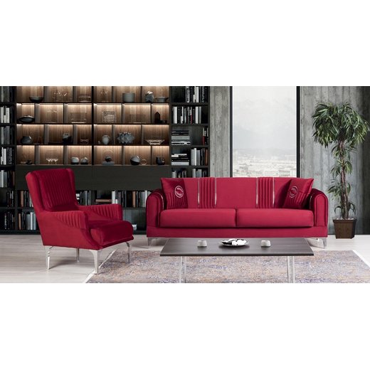 Viyana Sofa Set 3`er + 3`er + 2X Sessel 1109 - Blau Gold mit Muster/Emblem