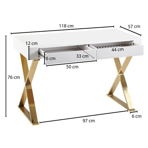 Schreibtisch 118x76x57 cm Holz Hochglanz Wei Metallbeine Golden | Design Computertisch PC-Tisch Brotisch Modern | Konsolentisch Schubladen