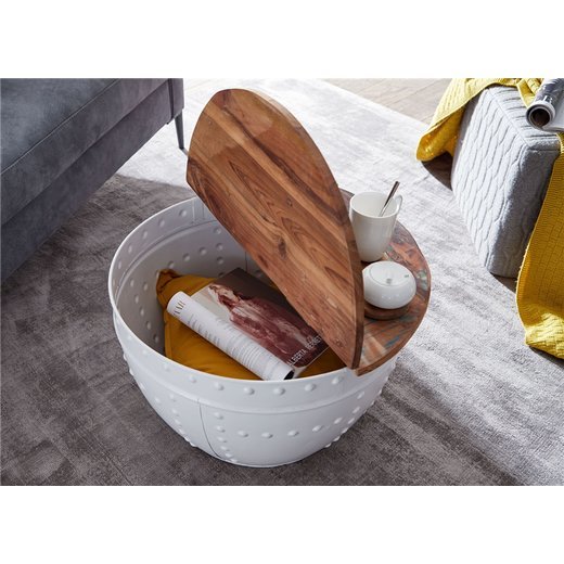 Couchtisch Mango 60x36x60 cm Massivholz Metall Wei Industrial Rund | Design Wohnzimmertisch mit Stauraum | Loungetisch Sofatisch Modern
