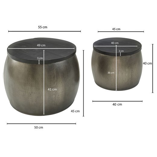 Design Couchtisch 2er Set Mango Massivholz Satztisch Rund Silber | Wohnzimmertisch Aluminium abnehmbarer Deckel | Beistelltisch Modern Metall / Holz 2-teilig mit Stauraum