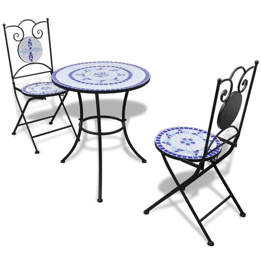 3-tlg. Bistro-Set Keramikfliesen Blau und Wei
