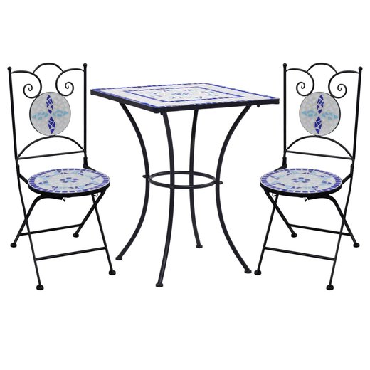 3-tlg. Bistro-Set Mosaik Keramik Blau und Wei