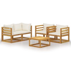 5-tlg. Garten-Lounge-Set mit Auflagen Creme Massivholz...