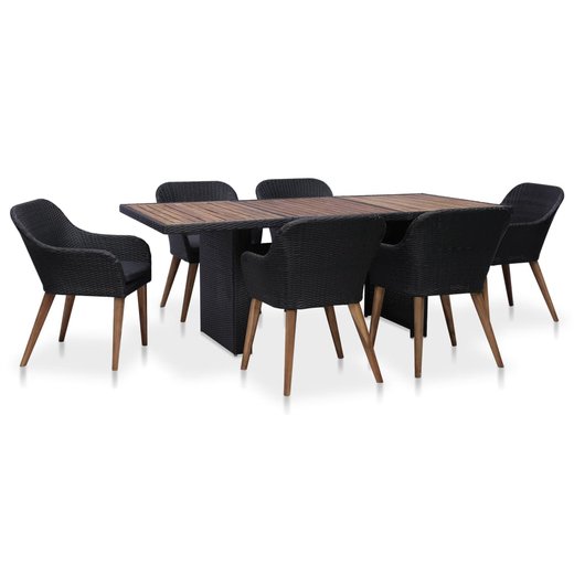 7-tlg. Garten-Essgruppe mit Auflagen Poly Rattan Schwarz