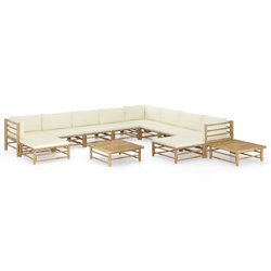 12-tlg. Garten-Lounge-Set mit Cremeweien Kissen Bambus