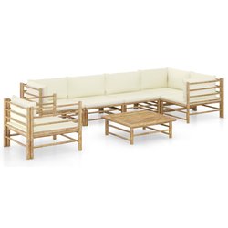 7-tlg. Garten-Lounge-Set mit Cremeweien Kissen Bambus