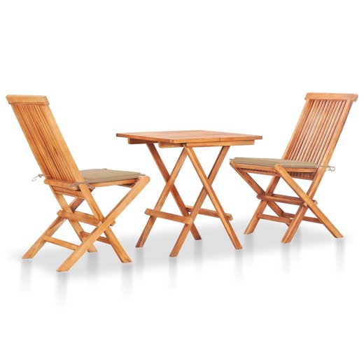 3-tlg. Bistroset mit Beigen Kissen Massivholz Teak