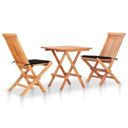 3-tlg. Bistroset mit Schwarzen Kissen Massivholz Teak