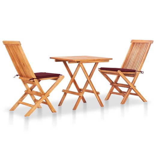 3-tlg. Bistroset mit Weinroten Kissen Massivholz Teak