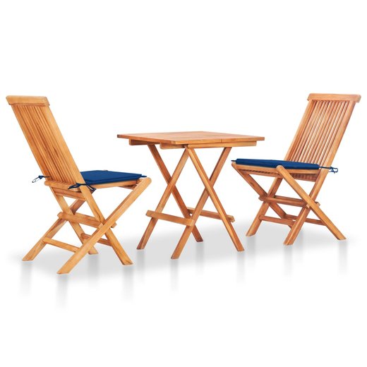 3-tlg. Bistroset mit Knigsblauen Kissen Massivholz Teak