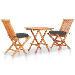 3-tlg. Bistro-Set mit Anthrazit Kissen Massivholz Teak