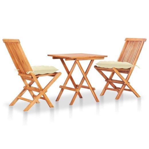 3-tlg. Bistro-Set mit Cremeweien Kissen Massivholz Teak
