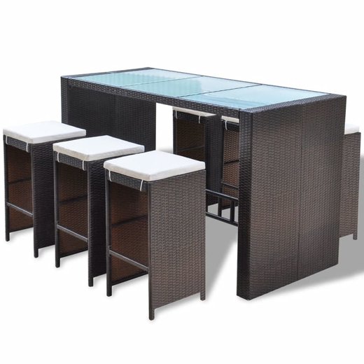 7-tlg. Gartenbar-Set mit Auflagen Poly Rattan Braun