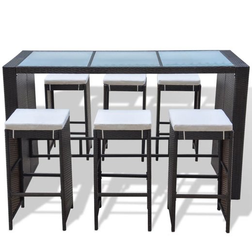 7-tlg. Gartenbar-Set mit Auflagen Poly Rattan Braun