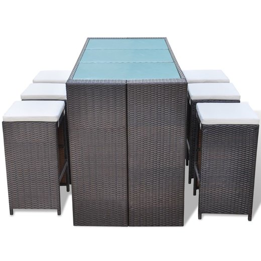 7-tlg. Gartenbar-Set mit Auflagen Poly Rattan Braun