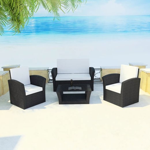 4-tlg. Garten-Lounge-Set mit Auflagen Poly Rattan Schwarz