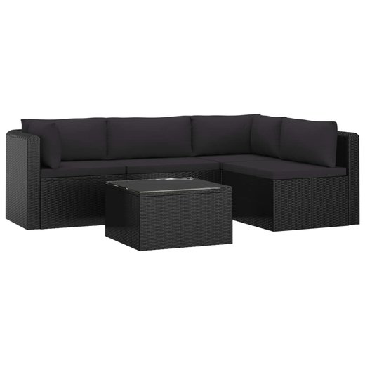 5-tlg. Garten-Lounge-Set mit Auflagen Poly Rattan Schwarz