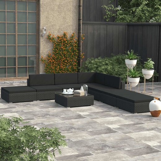 8-tlg. Garten-Lounge-Set mit Auflagen Poly Rattan Schwarz