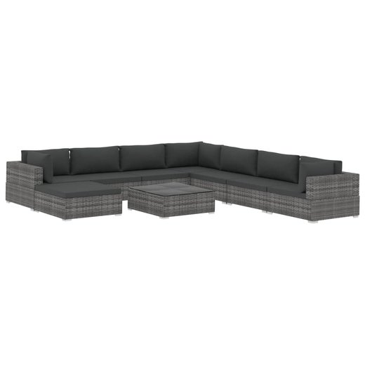 9-tlg. Garten-Lounge-Set mit Auflagen Poly Rattan Grau